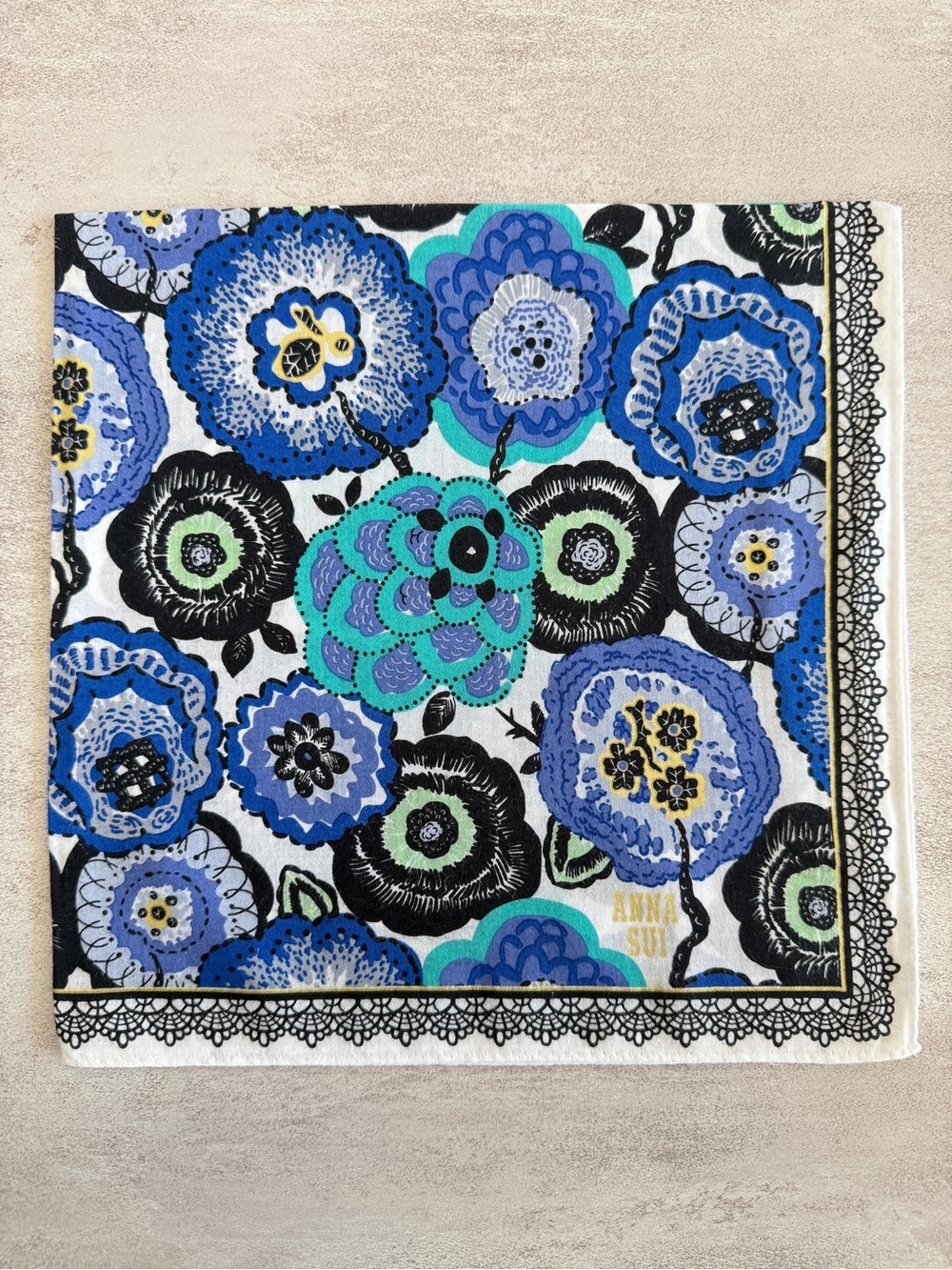 Anna Sui Blue, Turquoise & Black Floral Cotton handkerchief